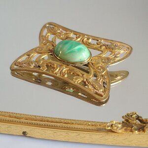 Art Nouveau brass faux apple green jadeite jade glass cabochon brooch pin French